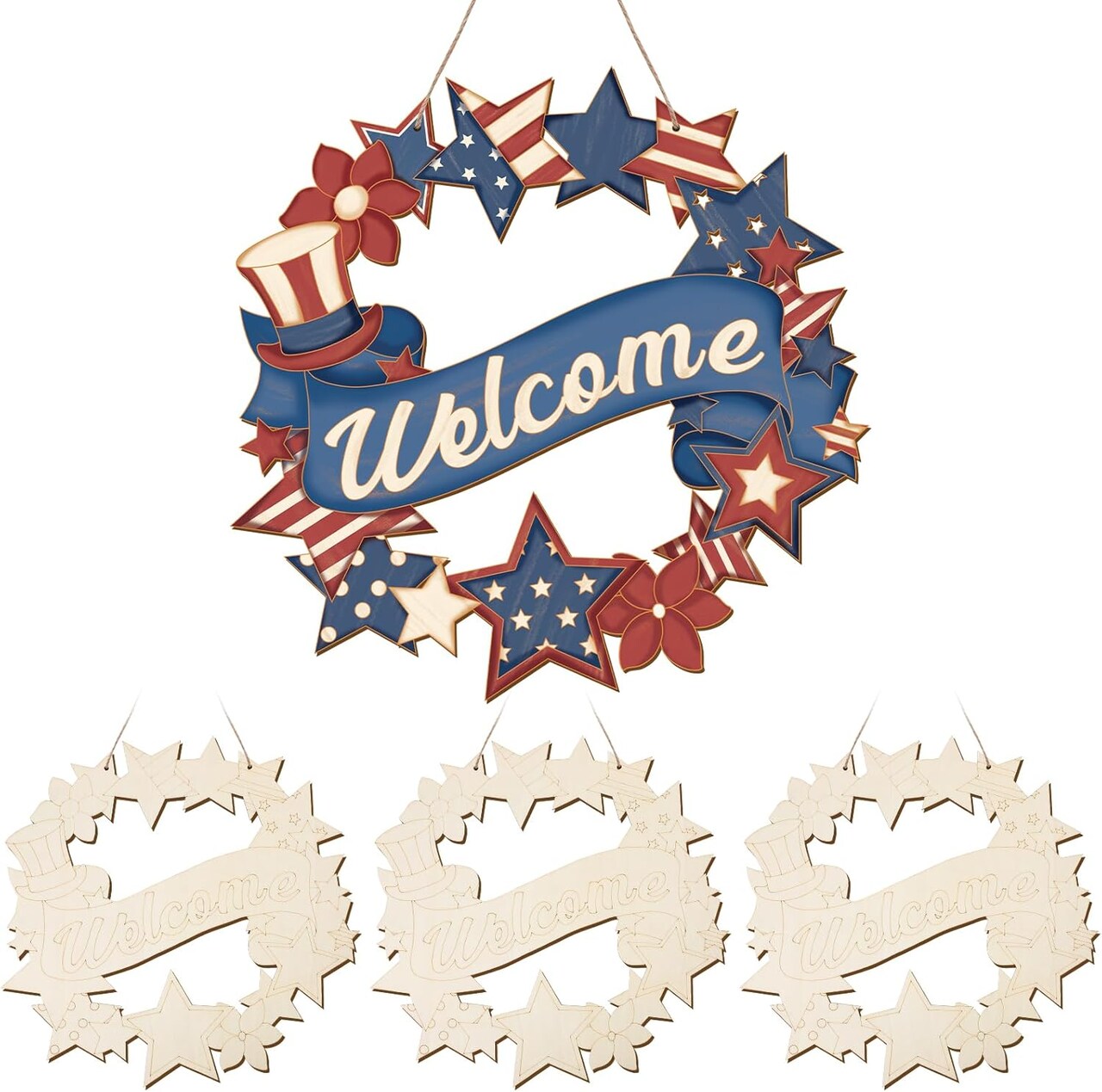 4th of July Wood Crafts to Paint for Kids Adults, 3 Sets Paintable Unfinished Wooden Patriotic Ornaments for Craft, Memorial Veterans Day DIY Cutouts Wreath for Painting Door Decorations (Star)